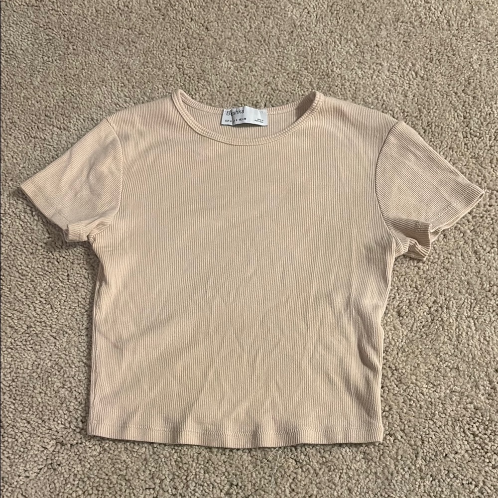 Bershka Beige Ribbed Short Sleeve Top